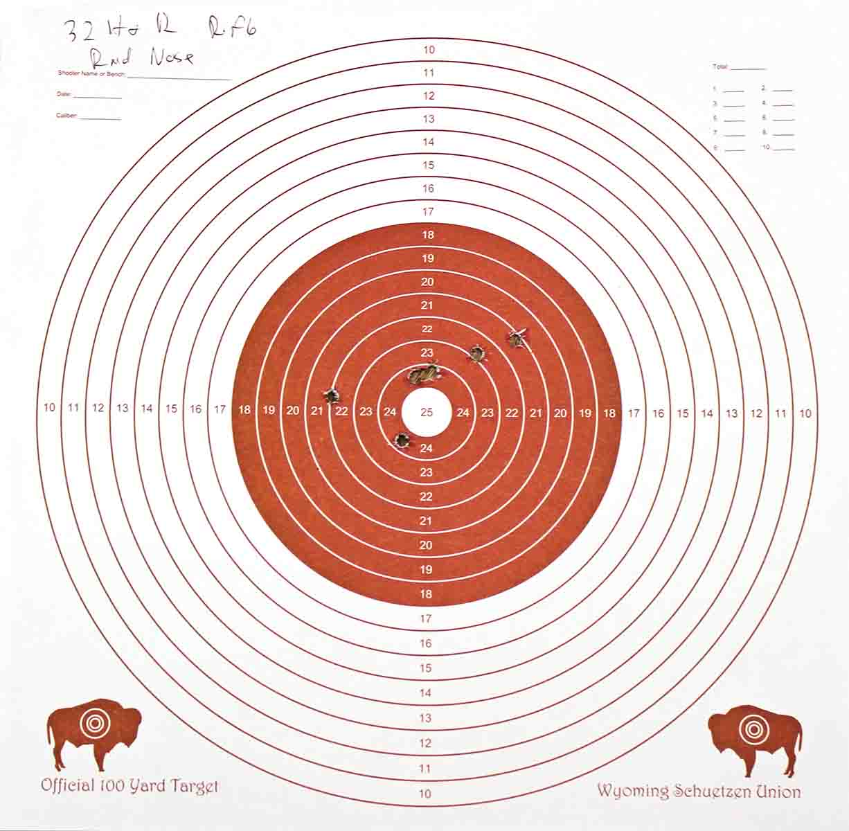 This group was shot with the 1894 Marlin .32 H&R and black powder at 25 yards. The powder charge was 15 grains of Swiss 3Fg and Lee roundnose bullets.